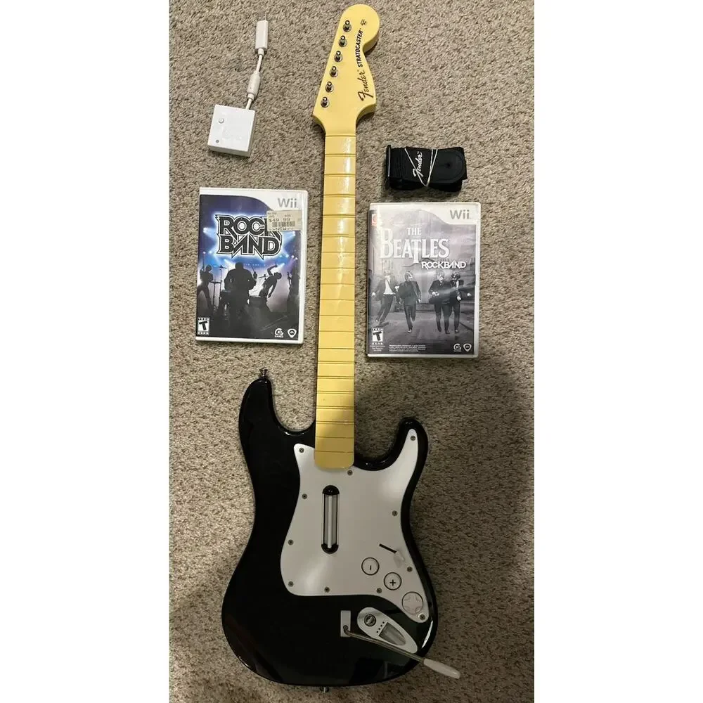 Nintendo Wii Rock Band Guitar w Dongle Strap 2 Games RockBand Beatles Tested
